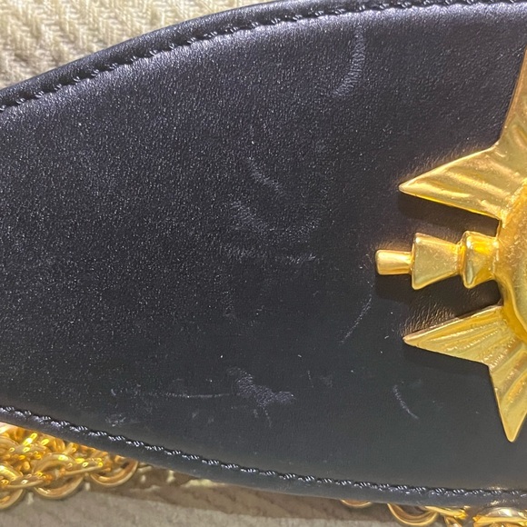 Donna Karan Collectable Vintage Wide Leather Belt w Gold Cross and Chain Details - Picture 7 of 12